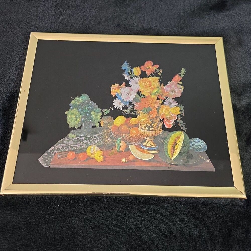 Vintage Dufex Foil Art Print Still Life Fruit & Flowers Framed England 8x10